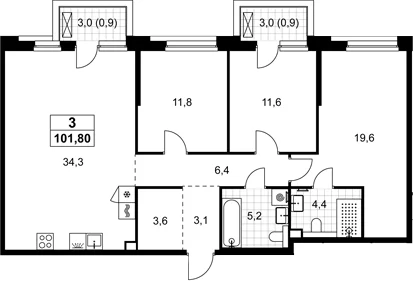 Планировка: Квартира евро-4 100 м² в ЖК «Хольм»