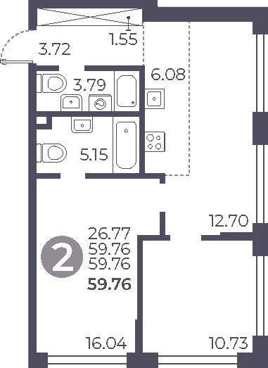Планировка: 2-комнатная квартира 59,8 м² в ЖК «Мневники от Гранель»