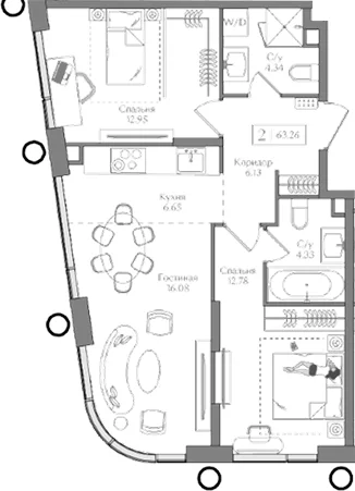 Планировка: Евротрёшка 63,3 м² в ЖК «Преображенская площадь»