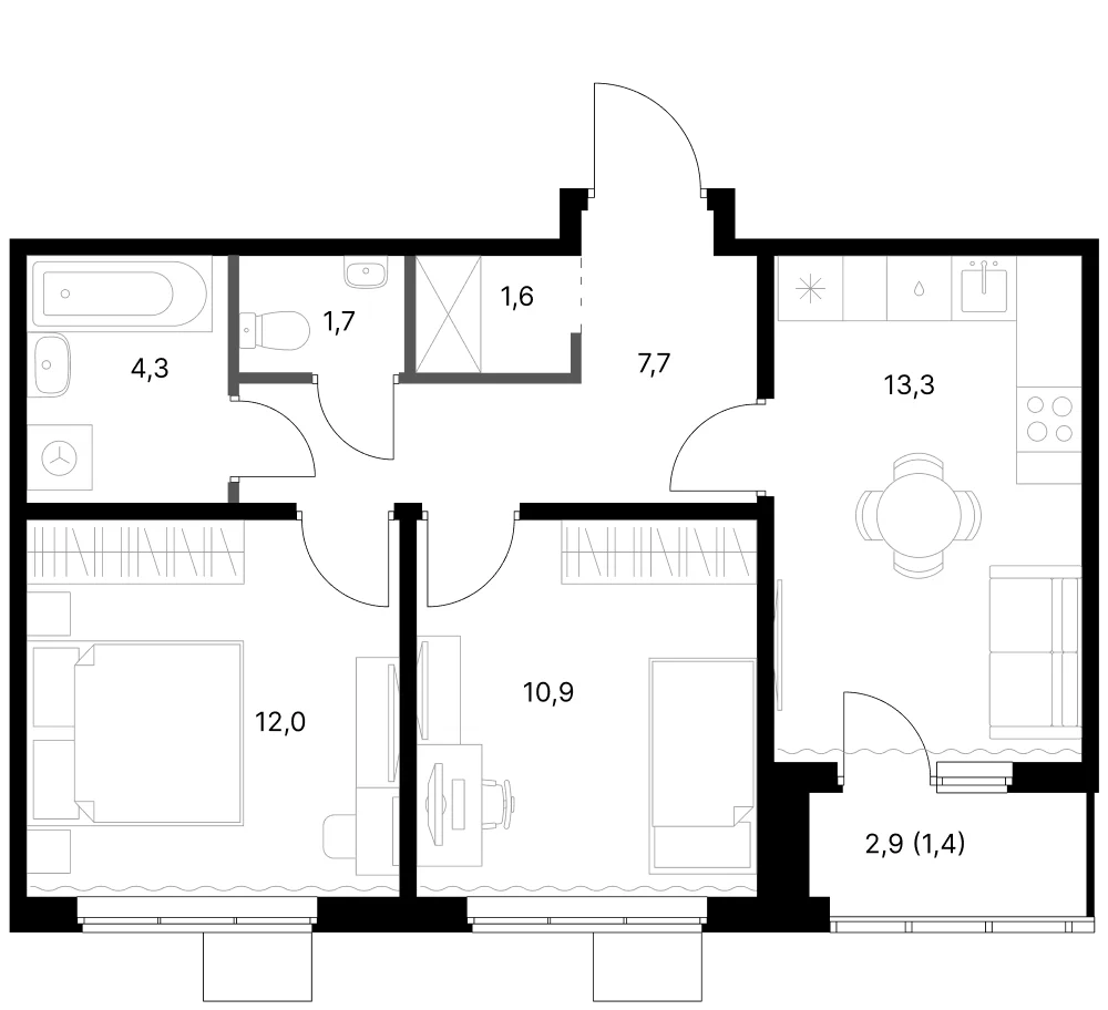 Планировка: 2-комнатная квартира 51,5 м² в ЖК «1-й Ясеневский»