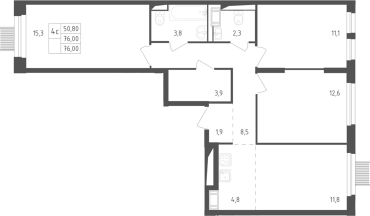 Планировка: Квартира евро-4 74,2 м² в ЖК «Мытищи Парк»