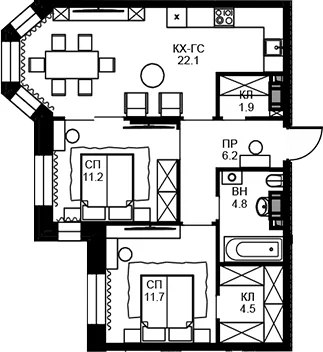 Планировка: 2-комнатная квартира 62,4 м² в ЖК «Театральный квартал»