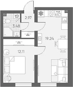 Планировка: Евродвушка 37,8 м² в ЖК «Морская миля»