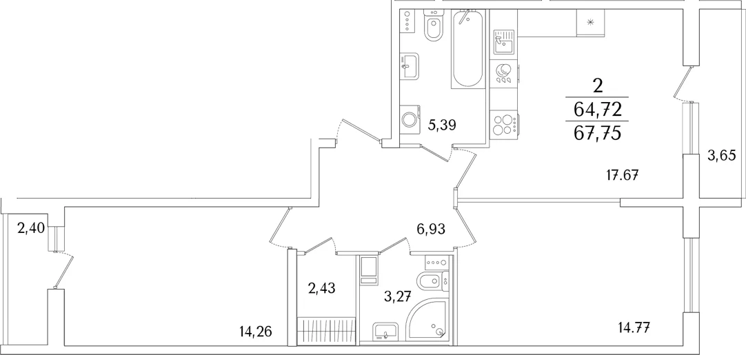 Планировка: Евротрёшка 64,7 м² в ЖК «Кинопарк»