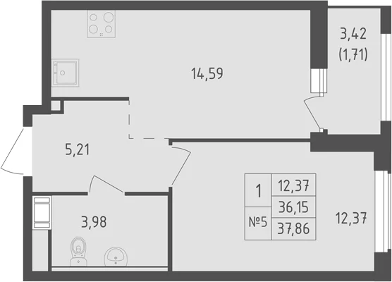 Планировка: 1-комнатная квартира 36,2 м² в ЖК «Южная Нева»