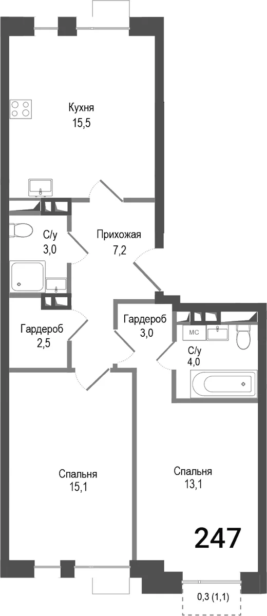 Планировка: Евротрёшка 63,4 м² в ЖК «Киноквартал»