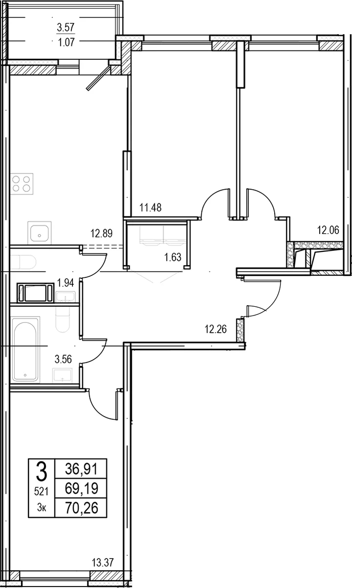 Планировка: 3-комнатная квартира 69,2 м² в ЖК «ID Murino III»