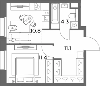 Планировка: 1-комнатная квартира 37,6 м² в ЖК «Станиславский»