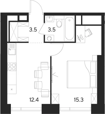 Планировка: 1-комнатная квартира 34,7 м² в ЖК «Инди Тауэрз от Аквилон»