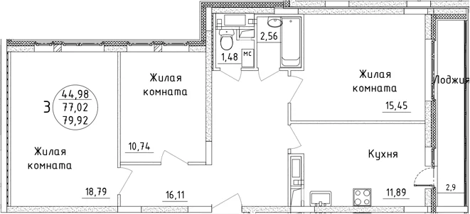Планировка: 3-комнатная квартира 77 м² в ЖК «Дом Союзов»