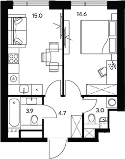 Планировка: 1-комнатная квартира 41,2 м² в ЖК «НЕКСУС от Аквилон»