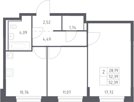 Планировка: 2-комнатная квартира 52,4 м² в ЖК «Прибрежный Парк»