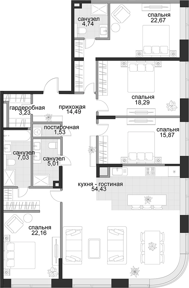 Планировка: Квартира евро-5 169,5 м² в ЖК «Садовническая, 69»