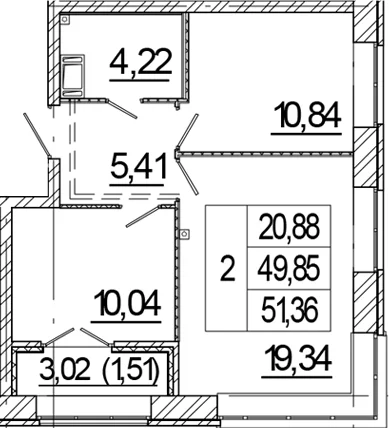 Планировка: Евротрёшка 49,9 м² в ЖК «Новый Питер»