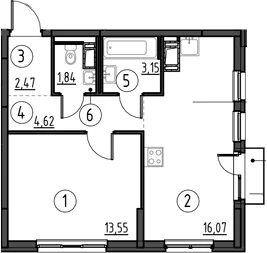 Планировка: Евродвушка 41,7 м² в ЖК «Новое Колпино»