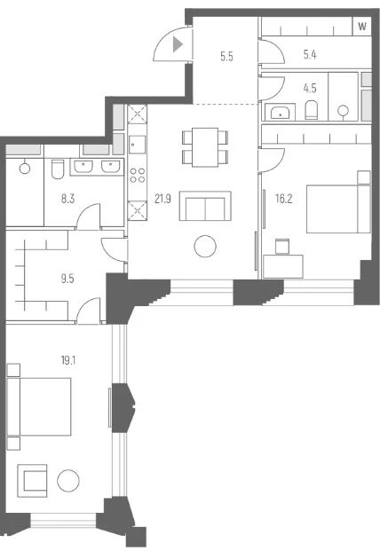 Планировка: Евротрёшка 90,4 м² в ЖК «Веспер Кутузовский»
