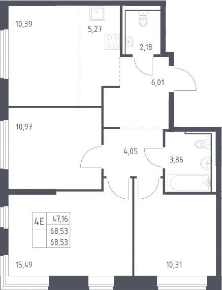Планировка: Квартира евро-4 68,5 м² в ЖК «Пригород Лесное»