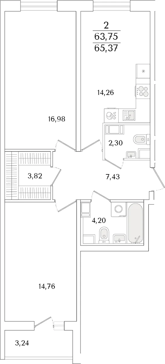 Планировка: 2-комнатная квартира 63,8 м² в ЖК «Кинопарк»