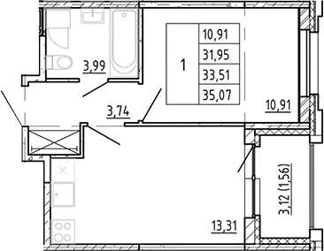 Планировка: Евродвушка 31,7 м² в ЖК «Полис Новоселье»