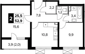 Планировка: 2-комнатная квартира 50,9 м² в ЖК «Южная Битца»