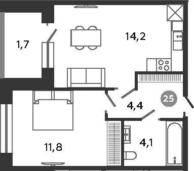 Планировка: 1-комнатная квартира 34,5 м² в ЖК «Графская слобода в Песках»