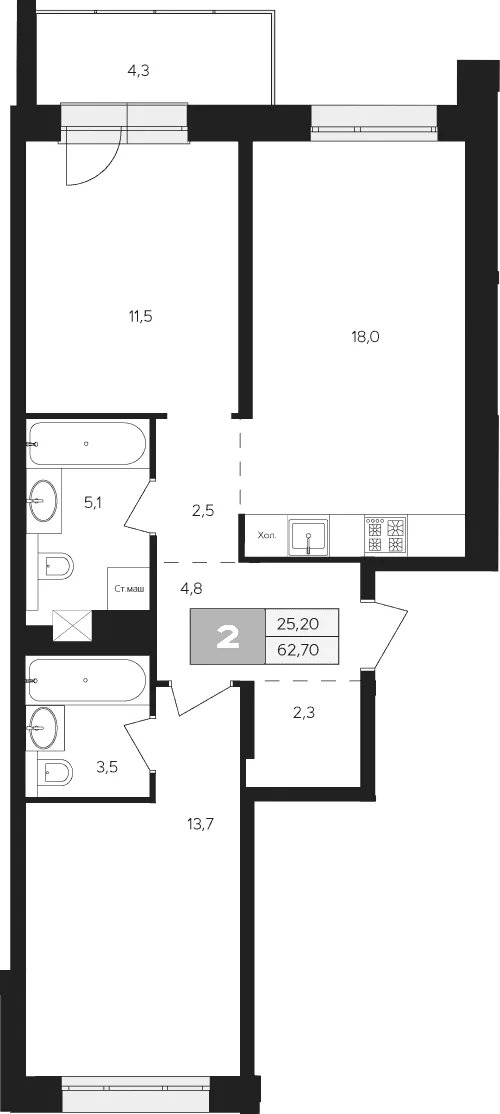 Планировка: 2-комнатная квартира 60,6 м² в ЖК «Ласточкино»