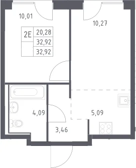 Планировка: Евродвушка 32,9 м² в ЖК «Прибрежный Парк»