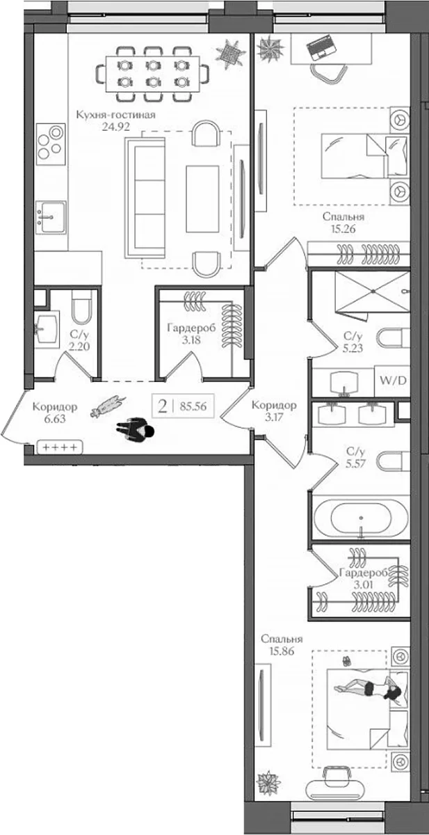 Планировка: Евротрёшка 85,6 м² в ЖК «Преображенская площадь»