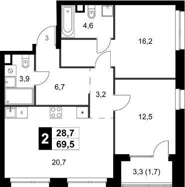 Планировка: 2-комнатная квартира 67,8 м² в ЖК «Симоновский Вал»