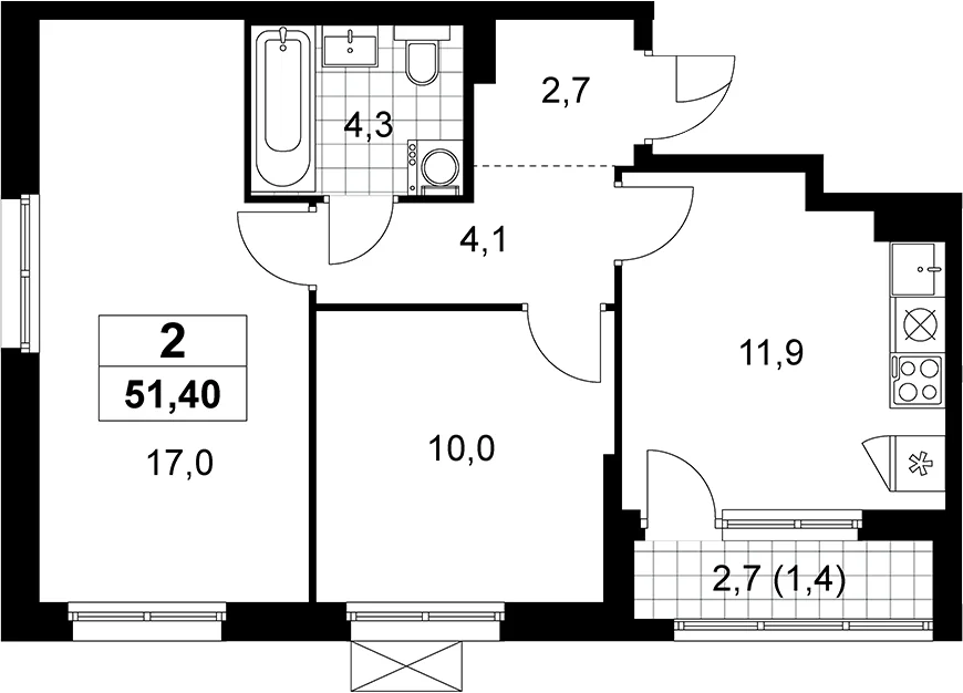 Планировка: 2-комнатная квартира 50 м² в ЖК «Прокшино»