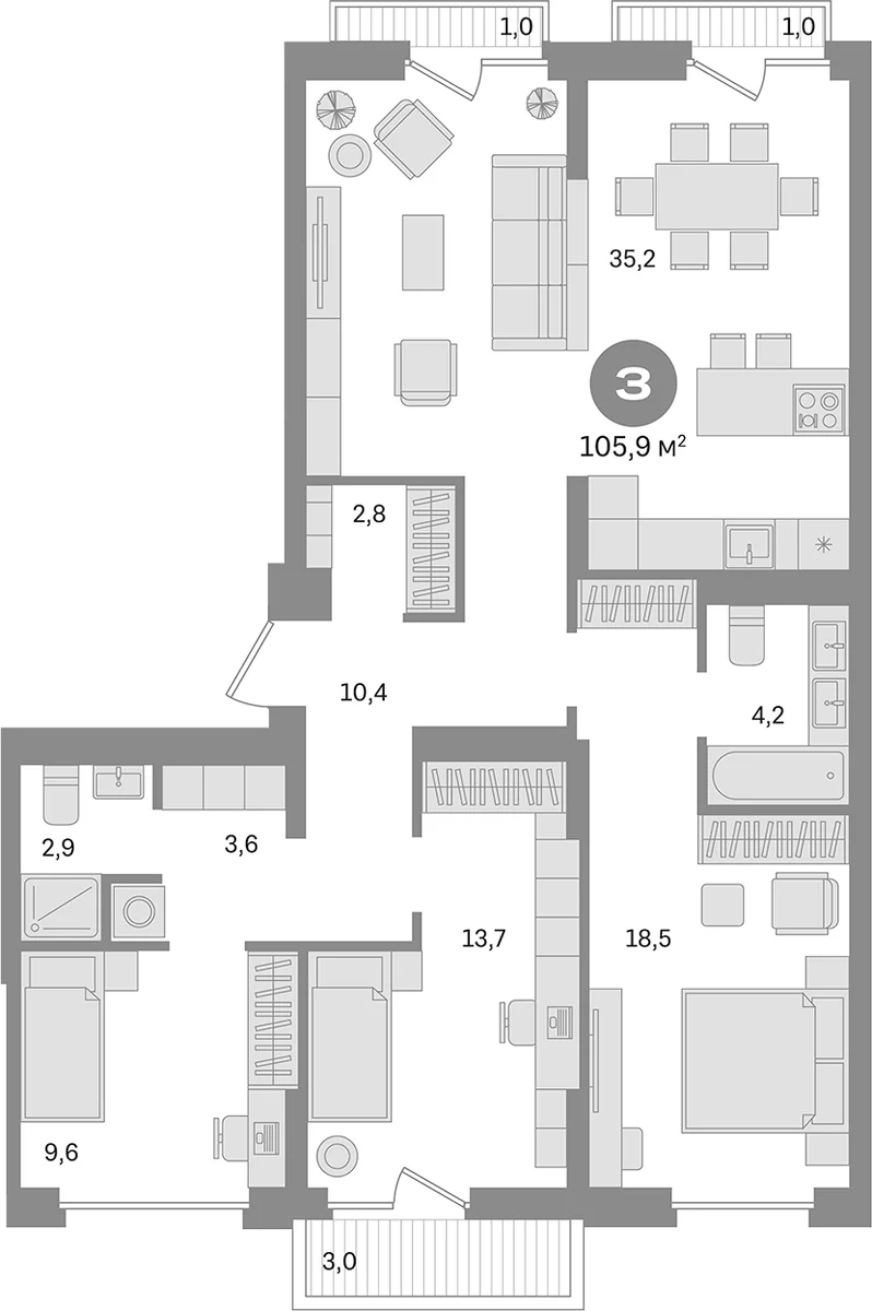 Планировка: 3-комнатная квартира 100,9 м² в ЖК «Первый квартал. Вторая очередь»