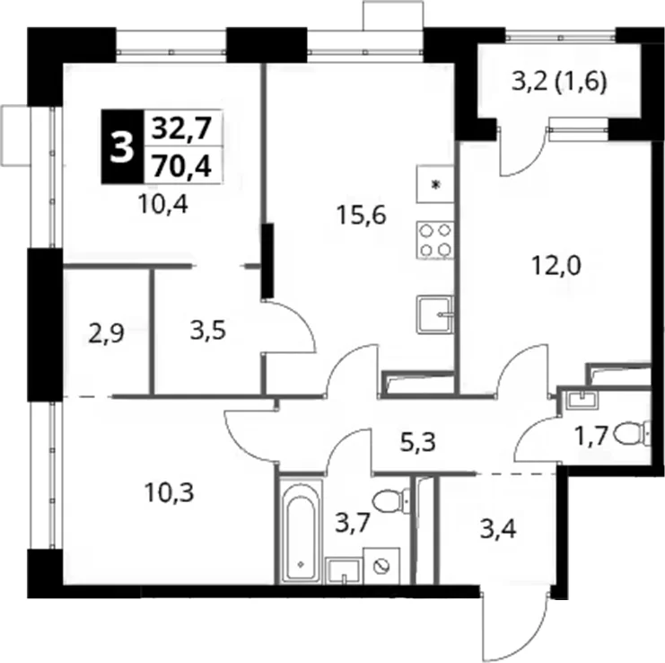 Планировка: 3-комнатная квартира 68,8 м² в ЖК «1-й Саларьевский»
