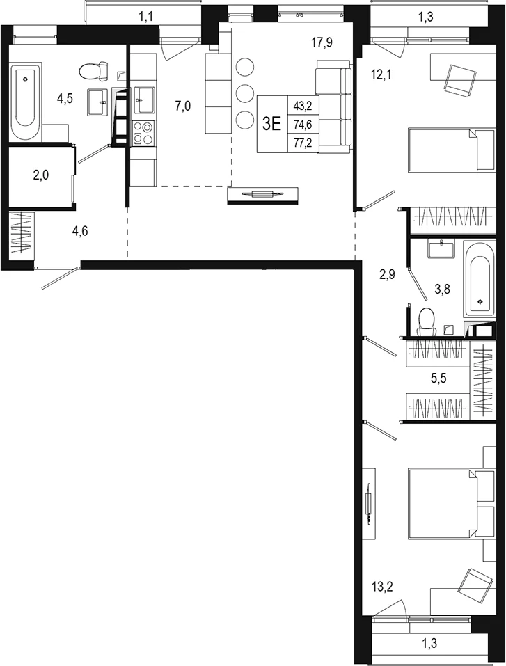 Планировка: Евротрёшка 77,6 м² в ЖК «Новая Щербинка»