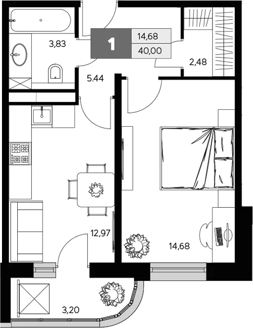 Планировка: 1-комнатная квартира 38,4 м² в ЖК «Ласточкино»
