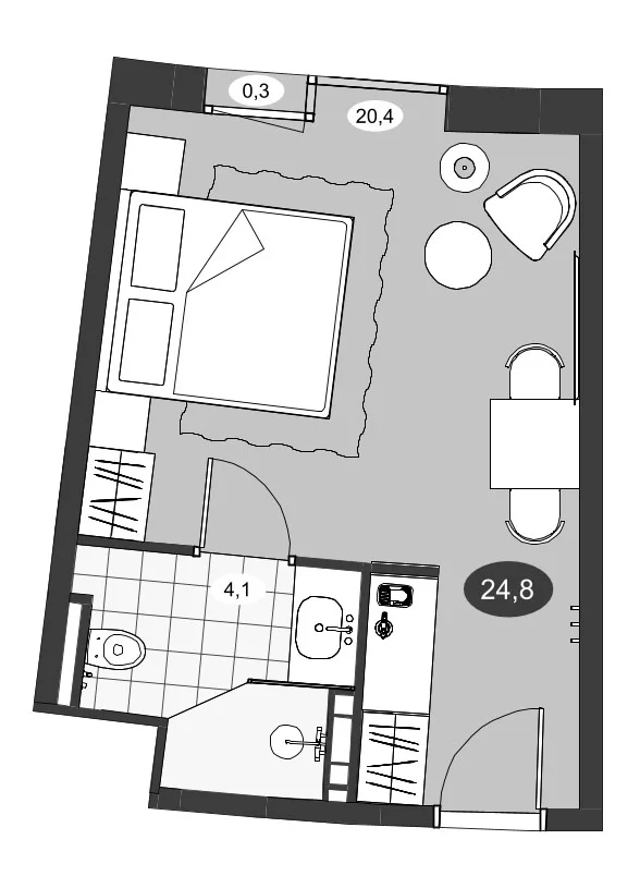 Планировка: Студия 24,5 м² в ЖК «Инвест-Курорт МЕСТО Рощино»