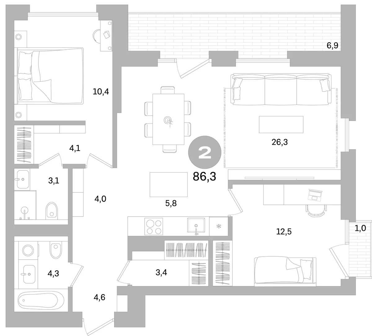 Планировка: Евротрёшка 78,4 м² в ЖК «Северный ветер»