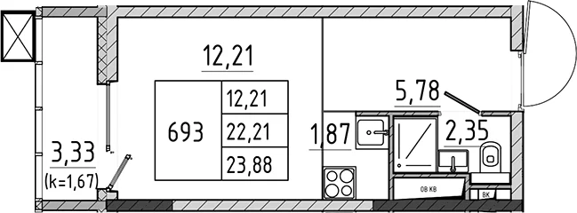 Планировка: Студия 22,2 м² в ЖК «Поварово-Молодежный-2»