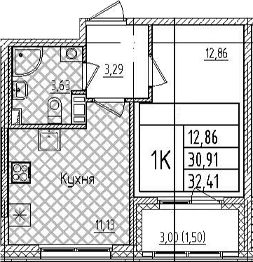 Планировка: 1-комнатная квартира 30,9 м² в ЖК «Гранат»