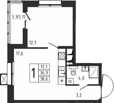 Планировка: 1-комнатная квартира 36,9 м² в ЖК «Берег»