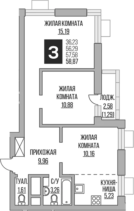 Планировка: Евротрёшка 56,3 м² в ЖК «Гранель Ильинойс»