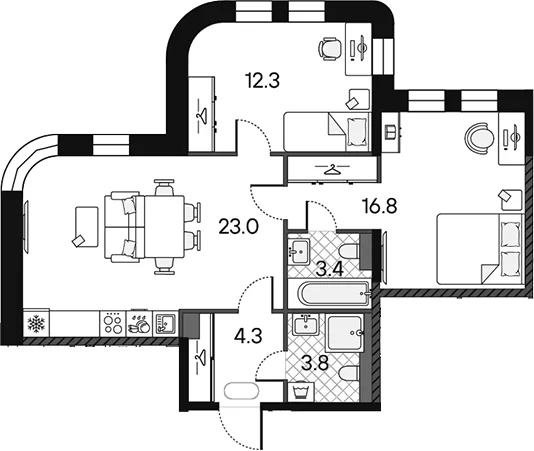 Планировка: Евротрёшка 63,6 м² в ЖК «МАРК»