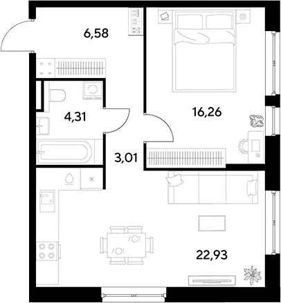 Планировка: Евродвушка 53,1 м² в ЖК «Космопарк»