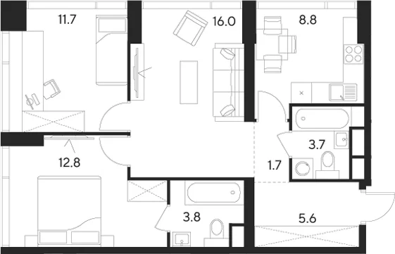 Планировка: 3-комнатная квартира 64,1 м² в ЖК «Инди Тауэрз от Аквилон»