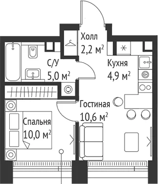 Планировка: Евродвушка 32,6 м² в ЖК «СЕТ»