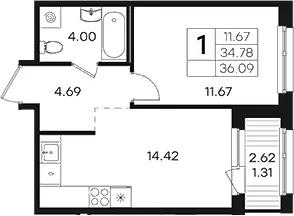 Планировка: 1-комнатная квартира 34,8 м² в ЖК «Парголово»