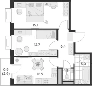 Планировка: 2-комнатная квартира 54,7 м² в ЖК «Михалевич»