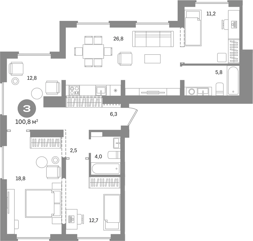 Планировка: 3-комнатная квартира 100,8 м² в ЖК «Первый квартал. Вторая очередь»
