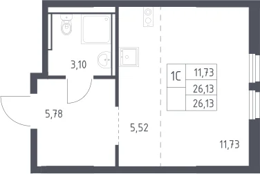 Планировка: Студия 26,1 м² в ЖК «Пригород Лесное»