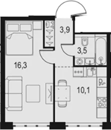 Планировка: 1-комнатная квартира 33,8 м² в ЖК «Левел Южнопортовая»