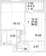 Планировка: 1-комнатная квартира 27,5 м² в ЖК «Аэросити»